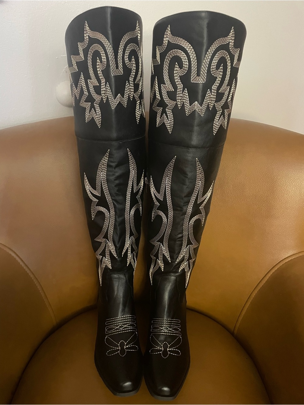 Black Embroidered Knee-High Women’s Boots